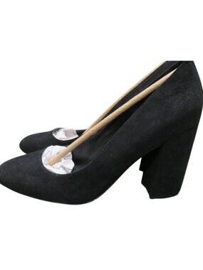 Justfab Daphne Classic  Black Vegan Faux Suede Block Chunky Heel Pumps 7.5
